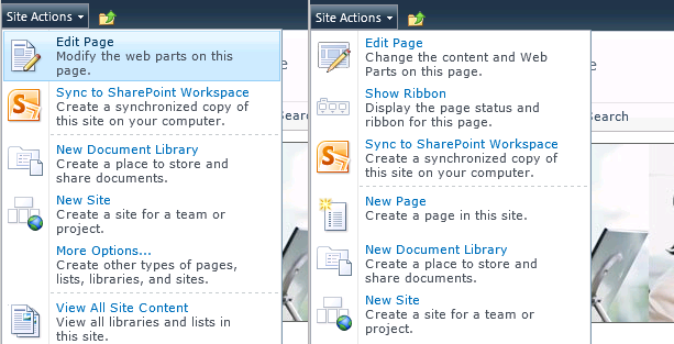 SiteActions example with feature enabled and disabled