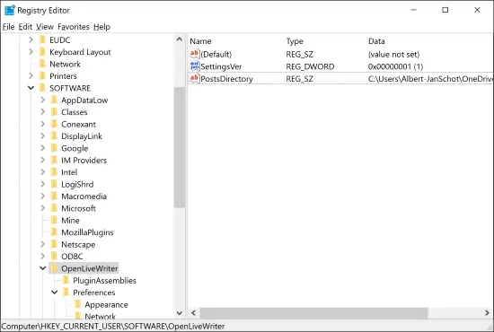Registry Editor Open Live Writer post directory