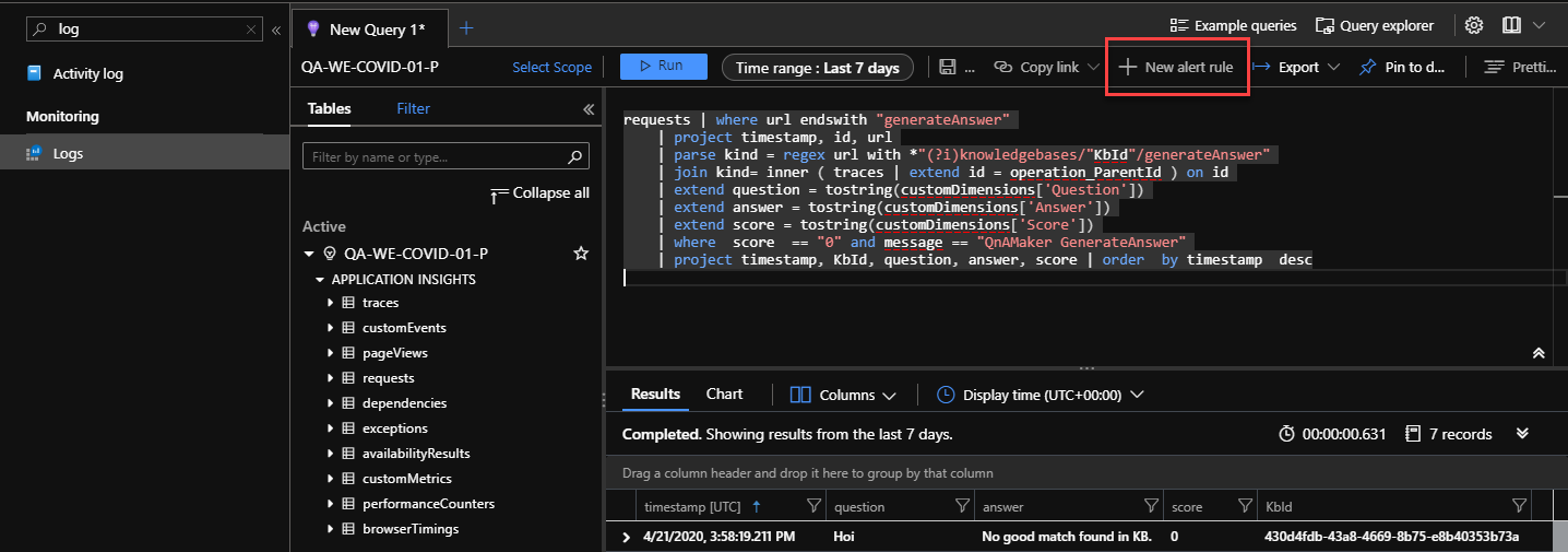 Alert rule on Application Insights