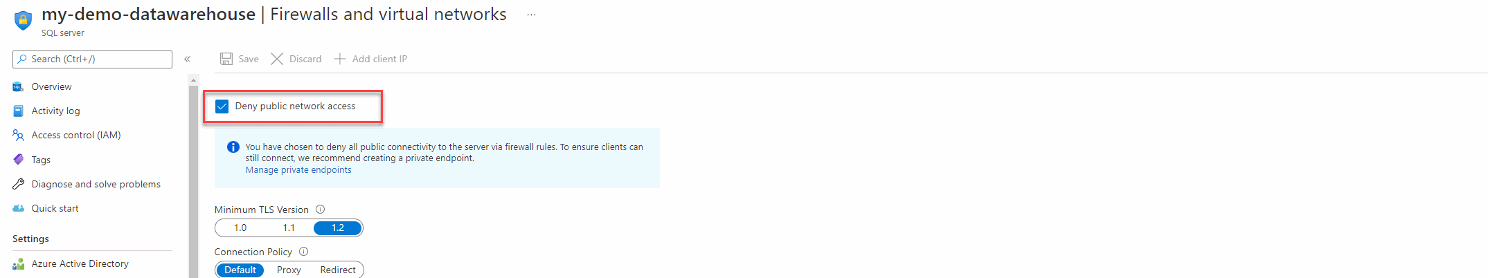 Disable SQL public network access