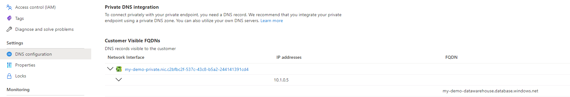 Private endpoint DNS settings