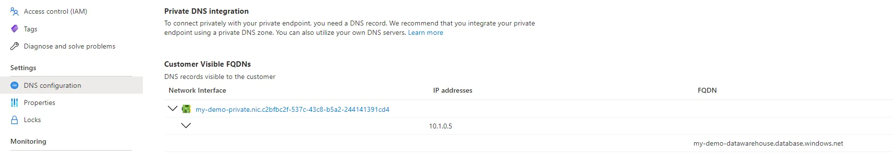 Private endpoint DNS settings