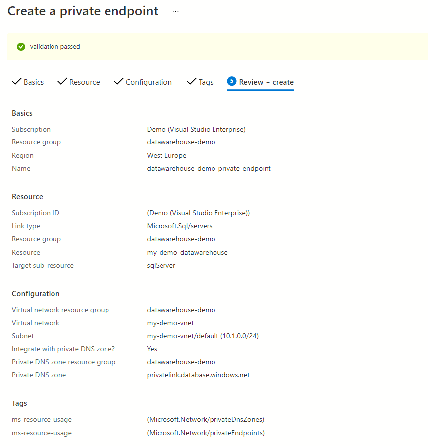 Private endpoint setup validation screen