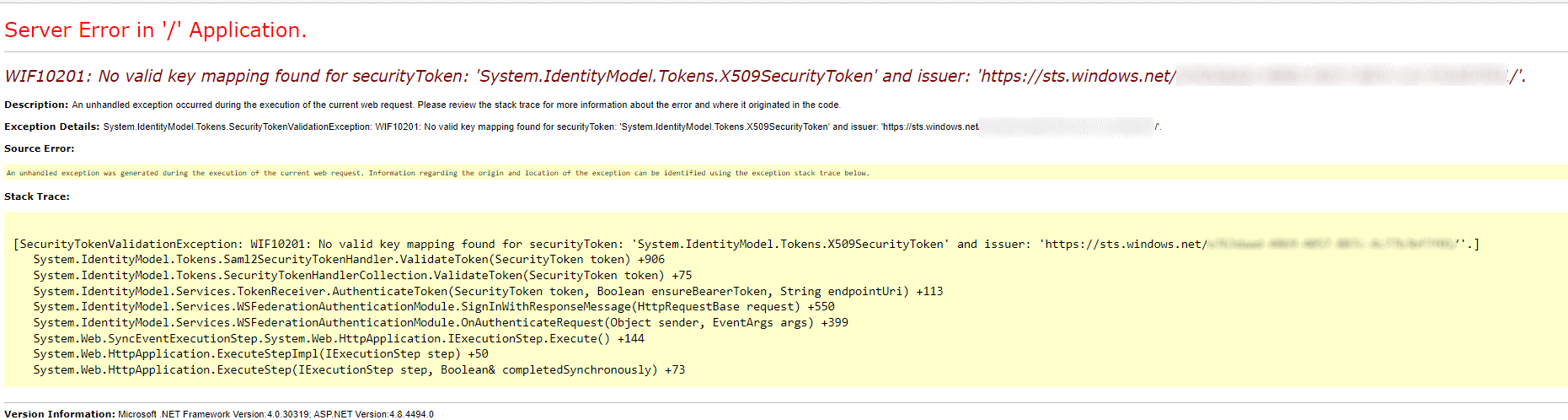 App Service No valid Key Mapping found for security token