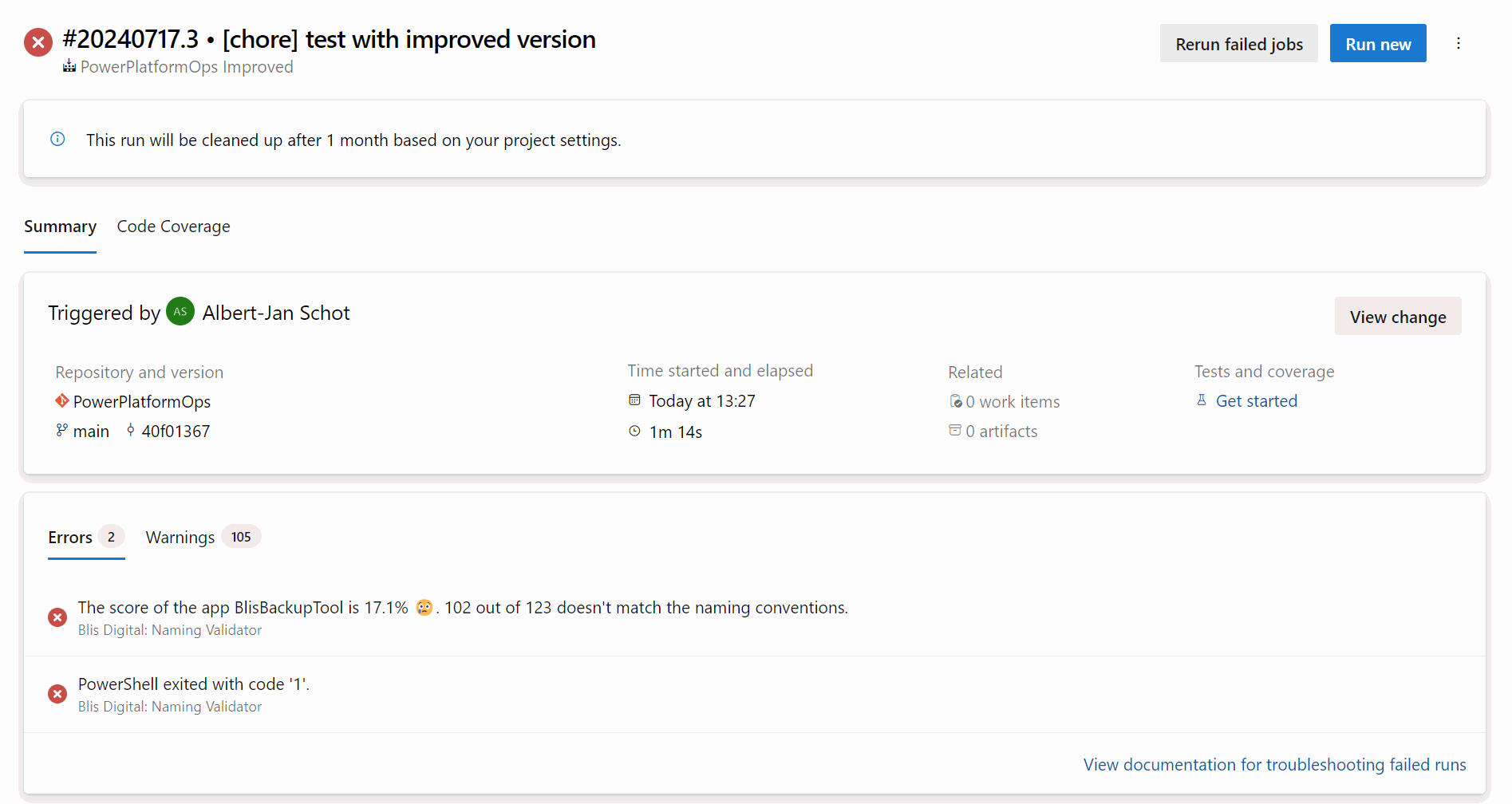 Azure DevOps pipeline result
