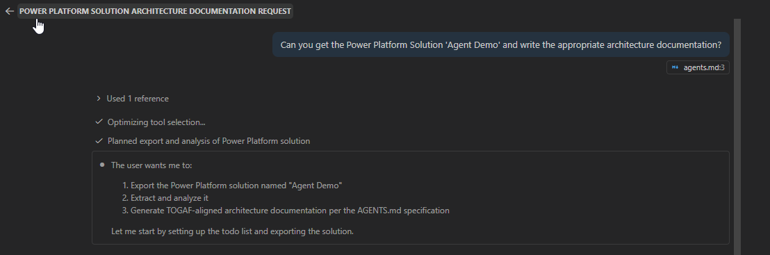 Asking the agent to analyze a solution and write documentation